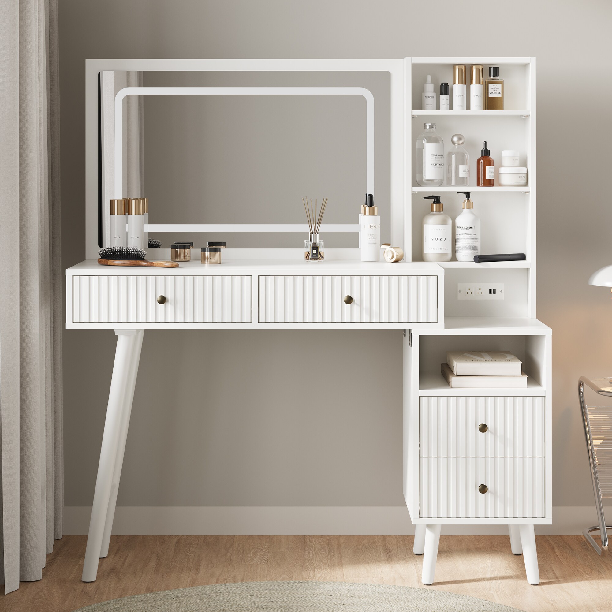 Fluted Vanity Desk With LED Lighted Mirror, Makeup Table With Drawers, 3 Lighting Colors Touch Control, For Bedroom, White_voghion.com